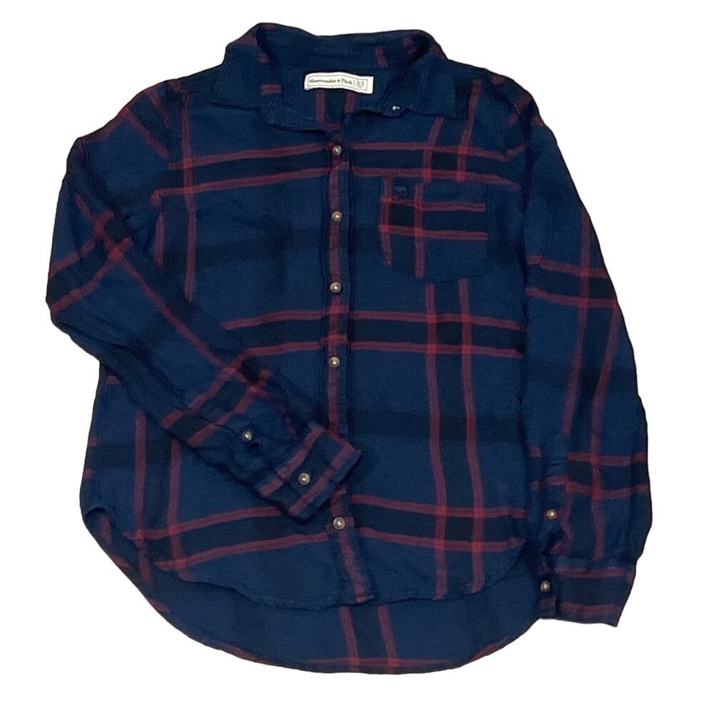 Abercrombie & Fitch Navy Red Plaid Flannel Button Up Shirt Women's XS KB94